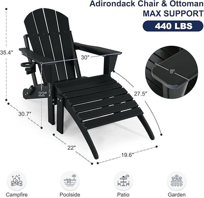 Adirondack Chair with Ottoman | Folding | Outdoor Patio Chair with Removable Footrest | HDPE Plastic All-Weather Resistant | Cup Holder | for Backyard and Garden | Matte Black