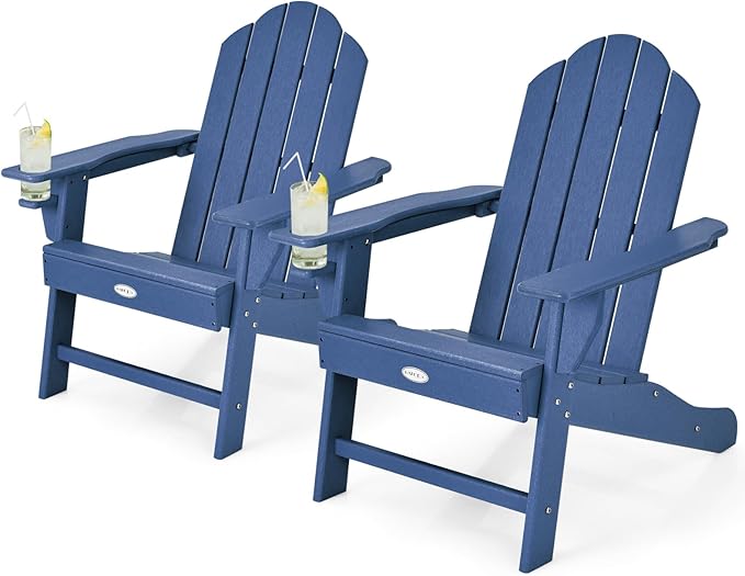 Tangkula Adirondack Chair Outdoor, Fade Resistant HDPE Armchairs with Cup Holder, Weather Resistant Lounger Chairs for Patio Garden Backyard Deck, Lawn Porch Seating, Adirondack Lounger (1, Navy)