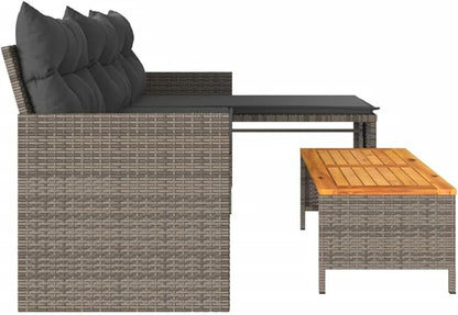 vidaXL L-Shaped Patio Sofa with Cushions and Coffee Table - Gray Poly Rattan, Powder-Coated Steel Frame, Acacia Wood Tabletop, Removable Covers for Garden, Terrace