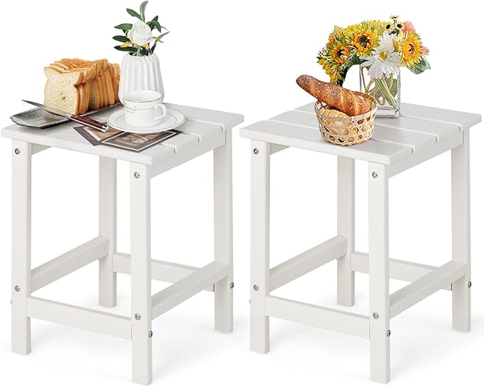 Tangkula Square Outdoor Side Table, Weather Resistant HDPE Adirondack Table, Outdoor Chairside End Tables for Lawn Garden Balcony, Easy Assembly, Patio Side Table, 14 x 14 x 18.5 Inch (2, White)
