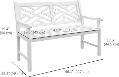 Outsunny Outdoor Garden Bench, Wooden Frame Patio Bench with Geometric Pattern, 43.25 Inch Weatherproof 2-Person Love Seat for Garden, Lawn, Porch, Yard, Work Entryway, White