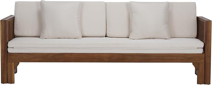 SAFAVIEH Outdoor Patio Furniture Collection - Napoli Brown & Cream Solid Wood Bench Convertible Daybed with Cushions, Versatile Patio Seating (PAT6805A)