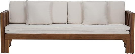 SAFAVIEH Outdoor Patio Furniture Collection - Napoli Brown & Cream Solid Wood Bench Convertible Daybed with Cushions, Versatile Patio Seating (PAT6805A)