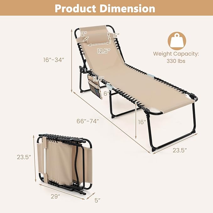 Giantex Patio Lounge Chairs for Outside - Folding Tanning Chair w/Headrest, 4 Adjustable Positions, Side Pocket, Outdoor Chaise Lounge for Camping, Pool, Sunbathing Beach Chair, Beige