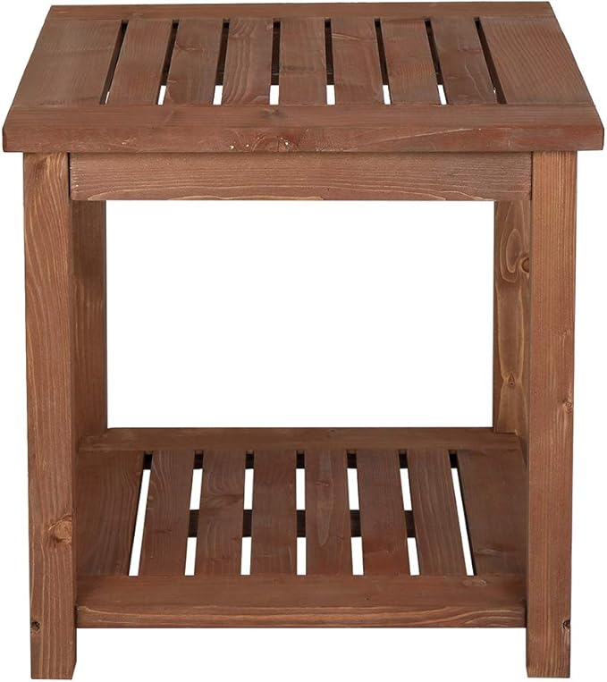 Outdoor Wooden Side Table with 2 Layer Storage, Patio Coffee End Tables, All Weather for Patio, Backyard, Pool, Indoor Use