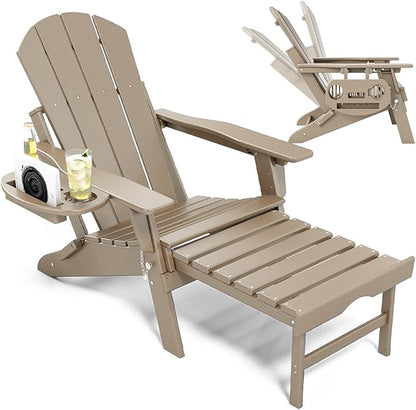 Adjustable Adirondack Chair with Retractable Ottoman, HDPE Folding Adirondack Chair with Cup Holder, All Weather Fire Pit Chair for Outdoor.