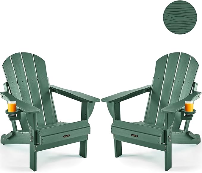 Ciokea Folding Adirondack Chair 2 Pack, Patio Adirondack Chair Weather Resistant, Plastic Fire Pit Chair with Cup Holder - Photo 1