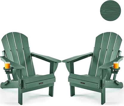 Ciokea Folding Adirondack Chair 2 Pack, Patio Adirondack Chair Weather Resistant, Plastic Fire Pit Chair with Cup Holder, Lawn Chair for Outdoor Porch Garden Backyard Deck (Green)