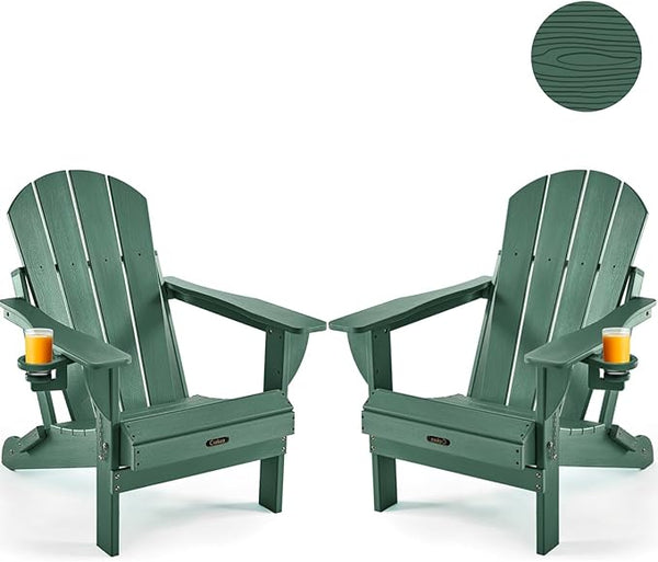 Ciokea Folding Adirondack Chair 2 Pack, Patio Adirondack Chair Weather Resistant, Plastic Fire Pit Chair with Cup Holder - Photo 1