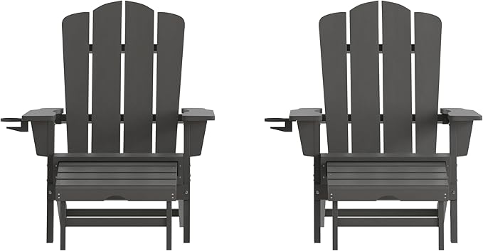 Flash Furniture Newport Adirondack Cup Holder and Pull Out Ottoman, All-Weather HDPE Indoor/Outdoor Lounge Chair, Set of 2, Gray