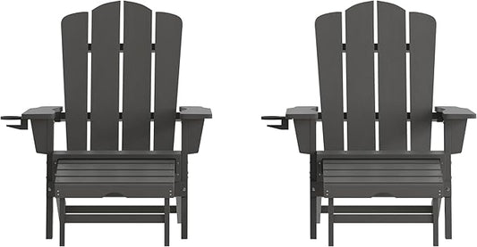 Flash Furniture Newport Adirondack Cup Holder and Pull Out Ottoman, All-Weather HDPE Indoor/Outdoor Lounge Chair, Set of 2, Gray