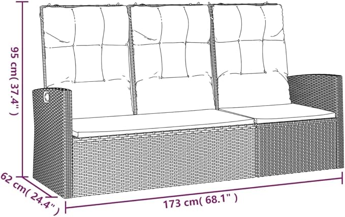 Garden Bench Deck Bench Reclining Patio Bench with Cushions Black 68.1" Poly Rattan - Photo 2