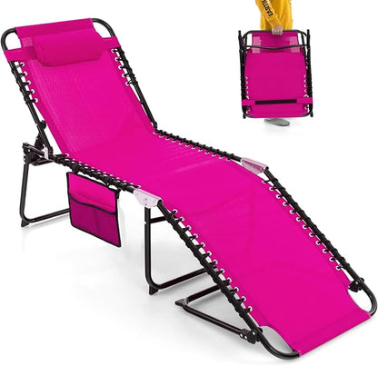 Giantex Patio Lounge Chairs for Outside - Folding Tanning Chair w/Headrest, 4 Adjustable Positions, Side Pocket, Outdoor Chaise Lounge for Camping, Pool, Sunbathing Beach Chair, Pink