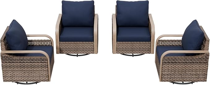 Modern Wicker Outdoor Swivel Rocking Chairs, Rattan Glider Rocker Chairs Patio Armchairs for Backyard, Deck, Porch, Garden, 4 Pieces, Brown/Blue