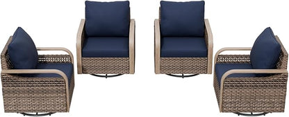 Modern Wicker Outdoor Swivel Rocking Chairs, Rattan Glider Rocker Chairs Patio Armchairs for Backyard, Deck, Porch, Garden, 4 Pieces, Brown/Blue