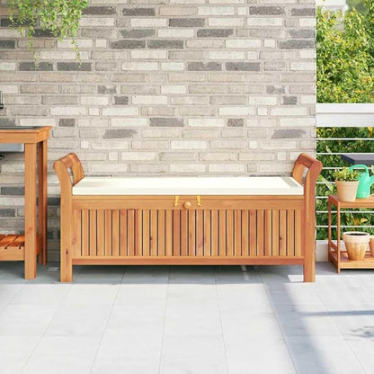 Garden Storage Bench Cream White Natural Wood with Soft Cushion and Durable Acacia Wood Construction for Outdoor Seating and Organizing