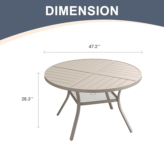 VICLLAX 47.2" Round Patio Dining Table for 4-6, All Weather Metal Outdoor Table with 1.57" Umbrella Hole and Storage Shelf for Garden Lawn Deck, Sandshell