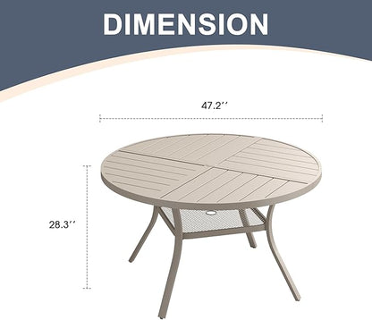 VICLLAX 47.2" Round Patio Dining Table for 4-6, All Weather Metal Outdoor Table with 1.57" Umbrella Hole and Storage Shelf for Garden Lawn Deck, Sandshell