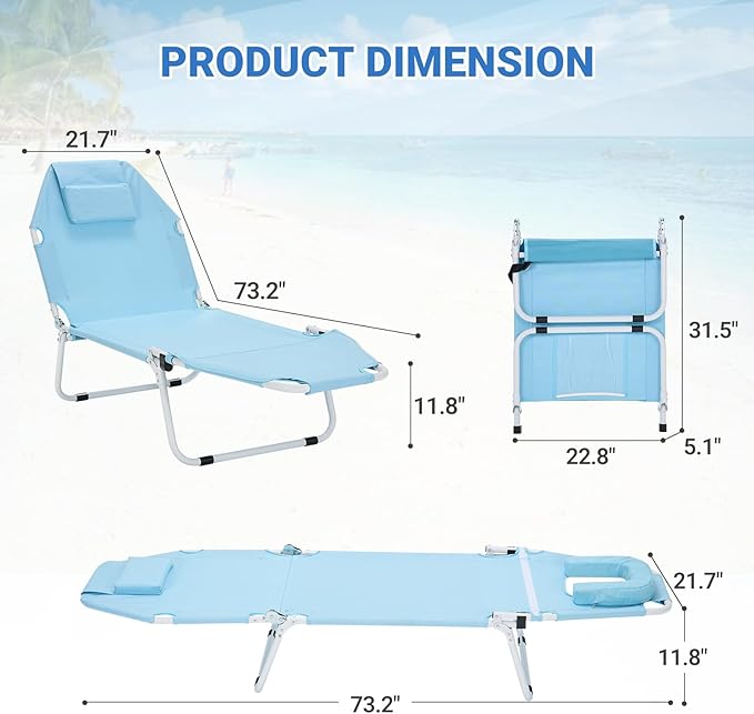 DoCred Heavy Duty Tanning Chair with Face Hole, Adjustable 5-Position Folding Chaise Lounge Chairs for Outside, Portable Lay Flat Beach Lounge Chair for Outdoor Sunbathing Beach Pool Lawn Camping