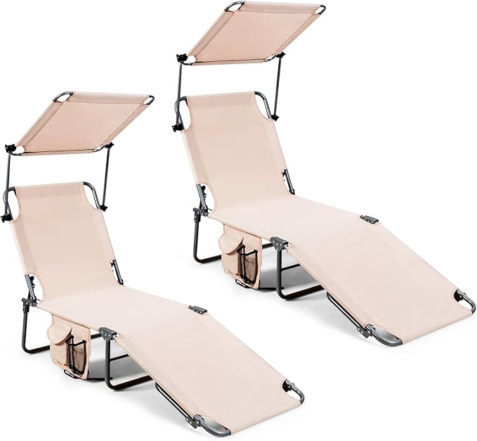 Giantex Tanning Chair, Patio Chaise Lounge Chair with 5 Adjustable Position, Shade Canopy, Storage Pocket, Camping Cot, Outdoor Sunbathing Recliner for Poolside, Lawn Folding Beach Chairs(2, Beige)