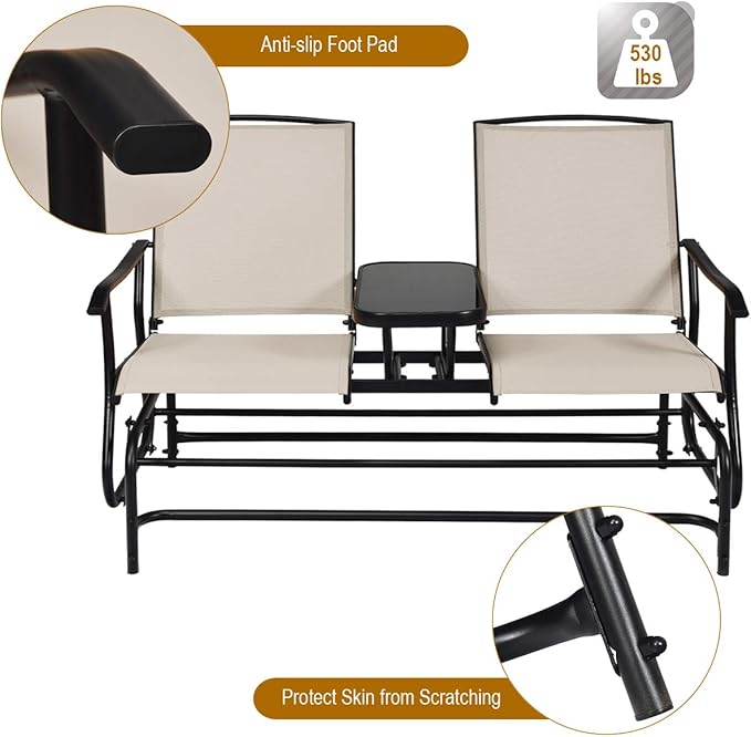 Giantex Patio Bench Glider Chair with Metal Frame, Center Tempered Glass Table - Photo 5