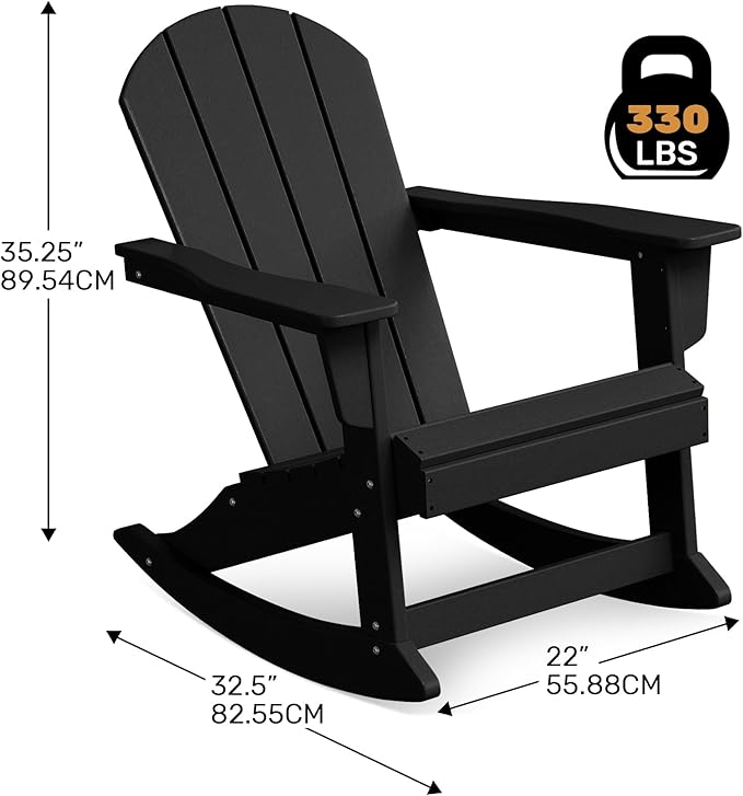 Costaelm Outdoor Adirondack Chair Set of 2, All Weather Resistant Classic Balcony Chair and Fire Pit Chairs, Plastic Outdoor Porch Furniture Rocking Chair High Back HDPE Poly Lumber, Black