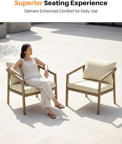 Teak Patio Sofa Chairs Set of 2, Never-Rust Aluminum Outdoor Armchair with Removable Cushions, All Weather 2 Pieces Outdoor Club Chairs, Outdoor Sofa Chairs for Garden, Porch, Balcony | Never-Rust, Wraparound Design, Wood-Grain Texture, All Weather, Re...