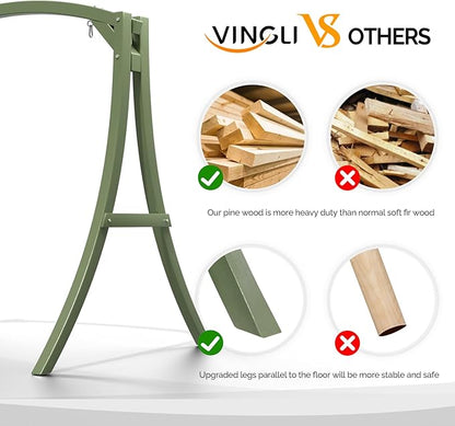 VINGLI Outdoor Wooden Swing Frame, Heavy Duty 1000 LBS A-Frame Swing Stand with Farmhouse Cottage Style, Patio Porch Swing Bench Stand for Indoor & Outdoor (Green)