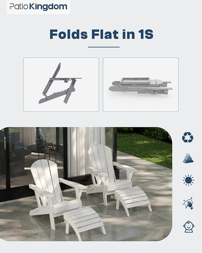 White 6-Piece Folding Adirondack Chair Set with Cup Holders, Ottomans, Side Table & Beige 9FT Patio Umbrella with Base - Photo 3