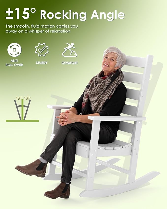 GREENVINES Outdoor-Rocking-Chair | HDPE Plastic | Patio Rockers | Porch Rocker Chairs | Shaker | Oversized | High Ladder Back | Big & Tall | PentaLuxe | White