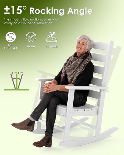 GREENVINES Outdoor-Rocking-Chairs-Set-of-2 | HDPE Plastic | Patio Rockers | Porch Rocker Chair | Shaker | Oversized | High Ladder Back | Big & Tall | PentaLuxe | White
