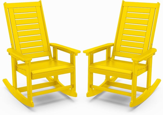 IVY&LANE Outdoor Rocking Chairs Set of 2 | Porch-Rockers | Yellow | HDPE Plastic | All-Weather | High Back | Wide Seat | Oversized Patio Rocker for Adult | for Outside Deck Balcony Garden