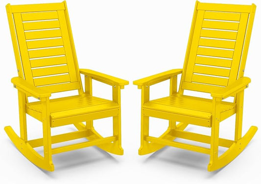 IVY&LANE Outdoor Rocking Chairs Set of 2 | Porch-Rockers | Yellow | HDPE Plastic | All-Weather | High Back | Wide Seat | Oversized Patio Rocker for Adult | for Outside Deck Balcony Garden