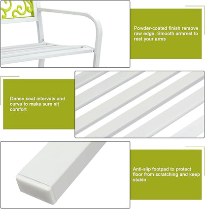 VINGLI Outdoor Bench for Patio Metal Garden Bench w/PVC Back Pattern, Black Park Benches Front Porch Benches for Yard Lawn Decor Deck Entryway (White&Green)
