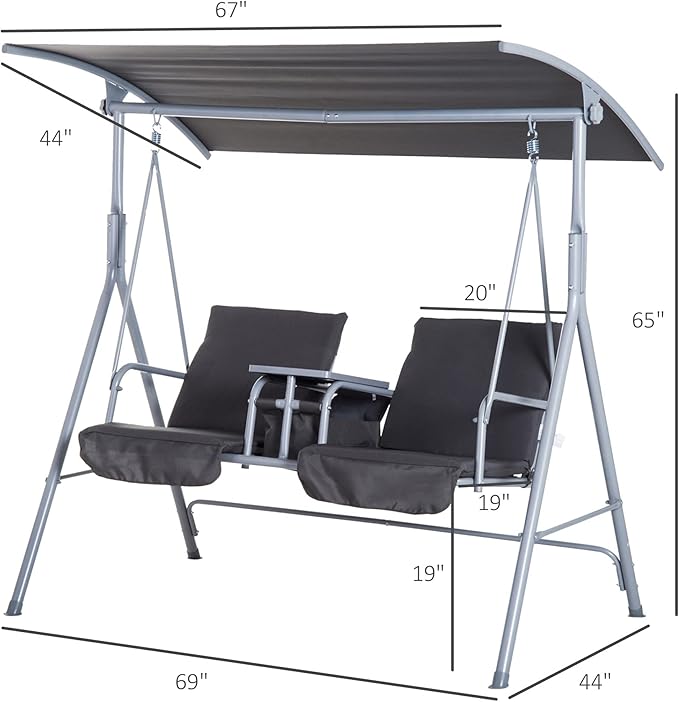 Outsunny 2 Person Porch Swing with Stand, Outdoor Swing with Canopy, Pivot Storage Table, 2 Cup Holders - Photo 7