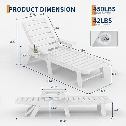 Garvee Oversize 5-Position HDPE Outdoor Chaise Lounge Chair Without Rolling Wheels – Pool Lounge for Patio, Beach & Camping
