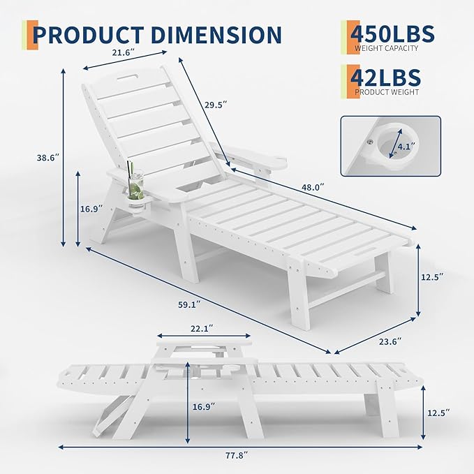 Garvee Oversize 5-Position HDPE Outdoor Chaise Lounge Chair with Rolling Wheels – Pool Lounge for Patio, Beach & Camping,White