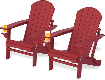 Folding Adirondack Chairs Set of 2, HDPE Fire Pit Chairs Weather Resistant, Outdoor Adirondack Chair with Cup Holder and Umbrella Hole, Wood Texture, Dark Red