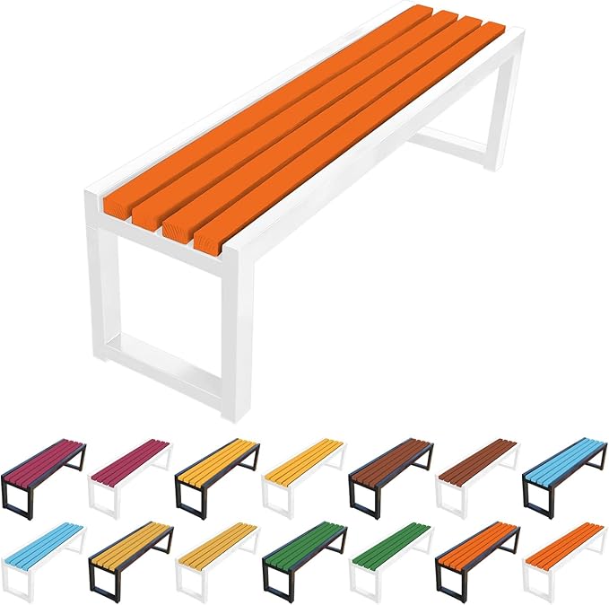 Garden Bench for Outdoors, Weatherproof Patio Bench Wooden Benches 2-Person Backyard Seat Backless Seat with Metal Frame for Park Backyard Entryway 3.3ft 3.9ft 4.9ft 5.9ft(Orange White,4.9ft)