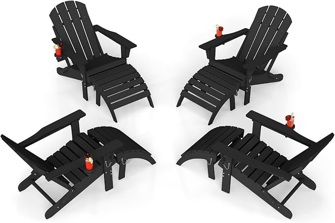Adirondack Chair with Footrest Set of 4,Folding Adirondack Chair with Retractable Ottoman Set,HDPE All Weather Fire Pit Chair with Cup Holder,8-Piece(Black, 4 Chair & 4 footrest)