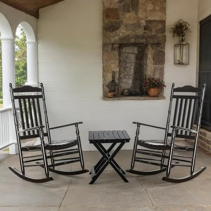 Wooden Rocking Chair for Adults 3 Piece Outdoor Furniture Set with Outside Side Table for Patio Porch Lounge Balcony, Black