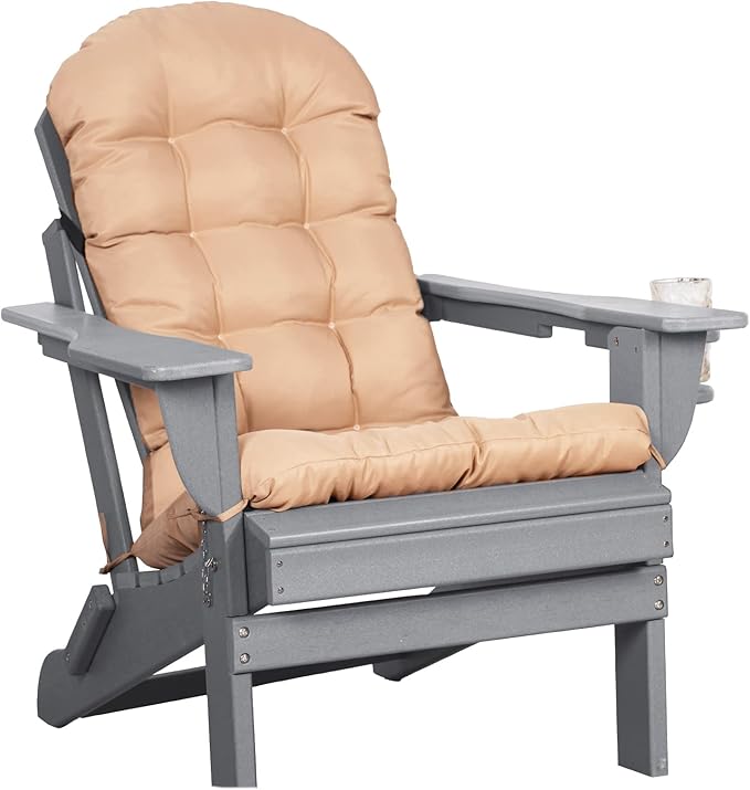 Oversized Adirondack Chair with Cushion & Cup Holder, HDPE Weather Resistant Folding Adirondack Chair for Adults, Outdoor Fire Pit Chairs for Patio/Porch/Swimming Pool/Garden (1, Grey)