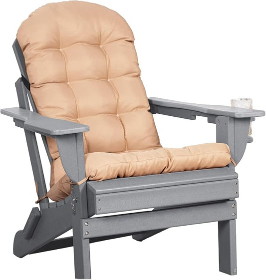 Oversized Adirondack Chair with Cushion & Cup Holder, HDPE Weather Resistant Folding Adirondack Chair for Adults, Outdoor Fire Pit Chairs for Patio/Porch/Swimming Pool/Garden (1, Grey)