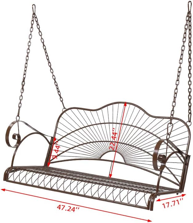 Porch Swing Hanging Bench Metal Porch Swing Outdoor Patio Furniture Iron Swing Chair Heavy Duty Steel Black Porch Swing Hanging Chair Porch Swings for Garden, Yard, Deck, Backyard(Not Included Stand)