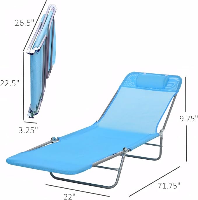 Outdoor Tanning Chair with Pillow, Folding Chaise Lounge Chair with Adjustable Backrest, Portable Lay Flat Beach Lounge Chairs for Sunbathing Poolside Patio Lawn Camping(Blue 2)