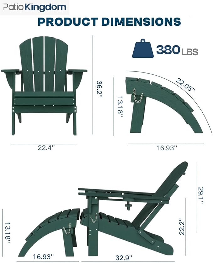 Green 6-Piece Folding Adirondack Chair Set with Cup Holders, Ottomans, Side Table & Beige 9FT Patio Umbrella with Base - Photo 2