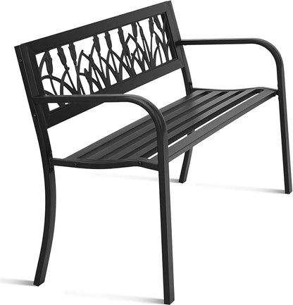 Black Garden Bench 49 inch Iron PVC, Outdoor Patio Bench, All-Weather Black Bench for Porch, Lawn, Backyard, Patio Park Outside Benches for Front Porch, Patio Seating Benchs