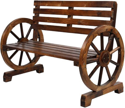 41" Rustic Wooden Wagon Wheel Bench - 2-Person Outdoor Bench for Garden and Patio, Weatherproof, Brown