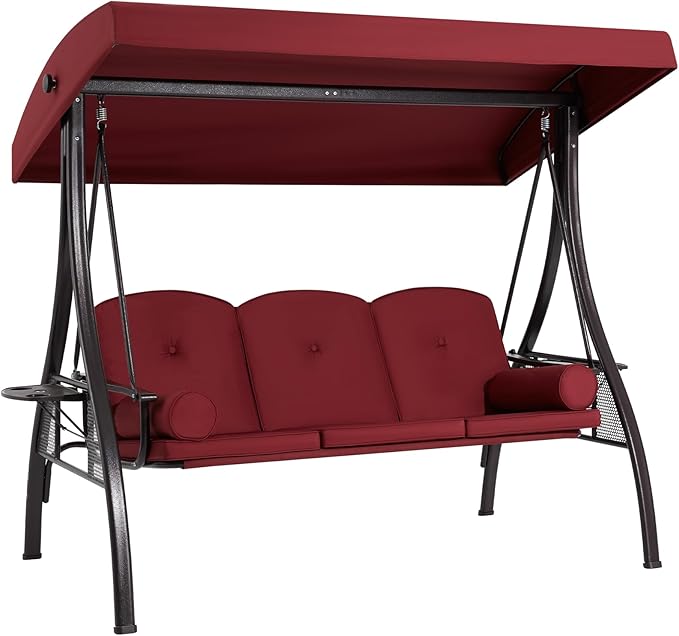HOMREST 3 Seat Outdoor Porch Swing with 1.5" Deepened Cup Holder, Adjustable Canopy, Patio Swing Bed with Stand - Photo 1