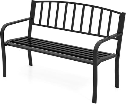 Tangkula Metal Outdoor Park Bench, 50 Inches Patio Garden Bench with Slatted Backrest and Curved Armrests, 2-3-Person Patio Bench, Outdoor Metal Loveseat Chair for Porch, Lawn, Yard and Park